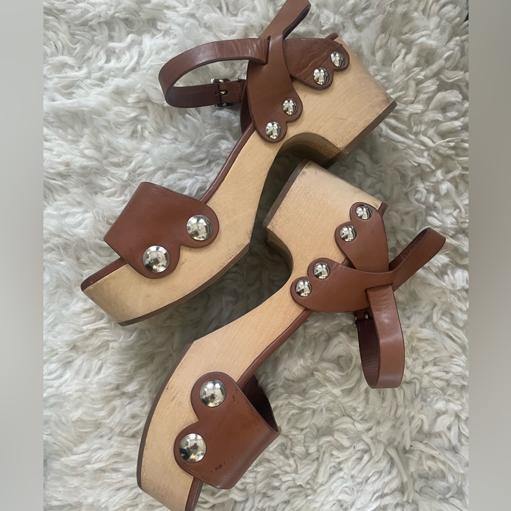 Prada Wood Clog Studded Platform Sandals Brown Gold 39.5